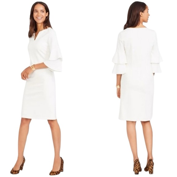 J. MCLAUGHLIN LETTY IVORY WHITE 3/4 BELL SLEEVE V NECK STRETCH JERSEY DRESS - Picture 1 of 12